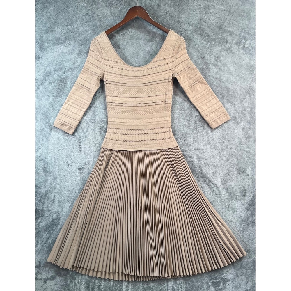 Ralph Lauren Purple Label Pleated Midi Dress XS Tan Knit Layered Bodice Viscose - Picture 2 of 13